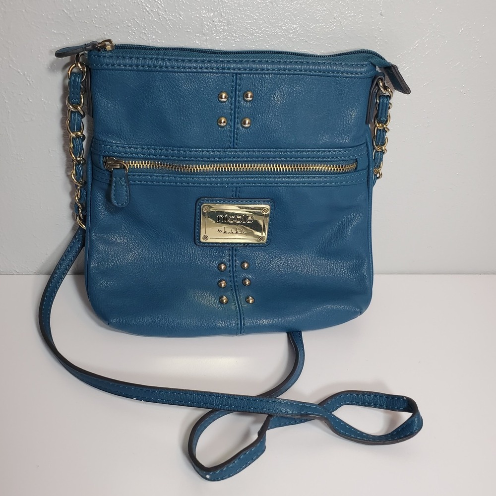 Nicole by Nicole Miller Blue‎ Crossbody Bag Purse Gold Chain Strap Stud Detail